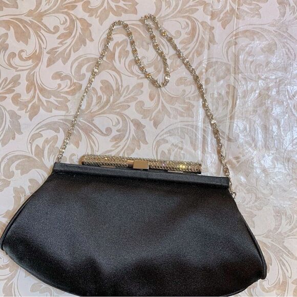 Ann Taylor Black Satin Evening Bag Handbag Chain Strap Sparkle Rhinestones NWOT - Picture 2 of 5